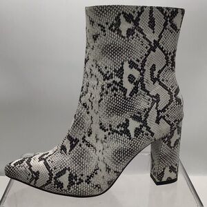 Black & White Faux Snake Skin Pointed Toe Block Heel Ankle Boot